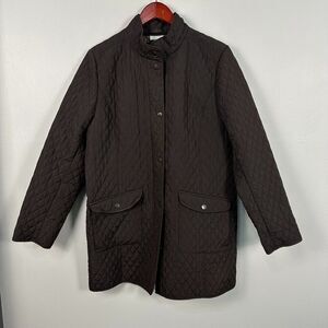 J. Jill Womens Large Quilted Coat Jacket Zip Button Brown Long Winter Warm